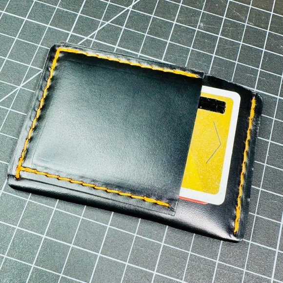 Ultra slim leather wallet minimalist card holder travel wallet -black/orange - Picture 5 of 8